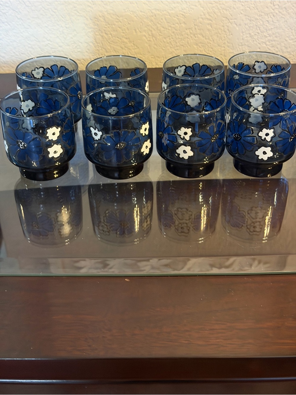 Set of 8 Libbey Low Ball Barware Drinking Glasses Blue Camellia Daisy Flowers 70